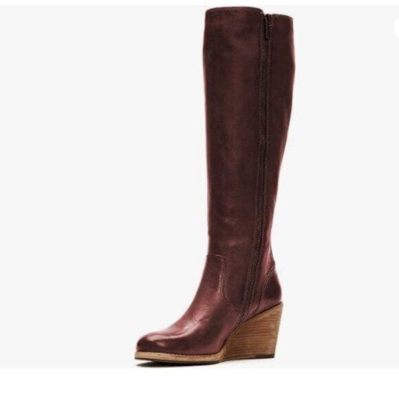 FSJ Women Side Zipper Wedge High Heel Point Toe Fancy Pull On Ladies Boot Maroon - Picture 1 of 8